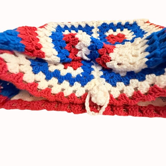 Granny Square Crochet Tote Retro Hippie Style Book Bag Red White Blue School Col - Picture 8 of 16